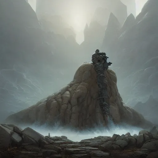 Image similar to stone colossus by grzegorz rutkowski and richard wright and peter mohrbacher, atmospheric haze, stormy, tundra, princess in foreground, large scale