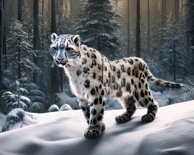 Image similar to a snow leopard standing on a riverbank in a snowy forest forest, natural lighting, very coherent, ultra realistic, concept art, intricate details, highly detailed, photorealistic, octane render, 8 k, unreal engine