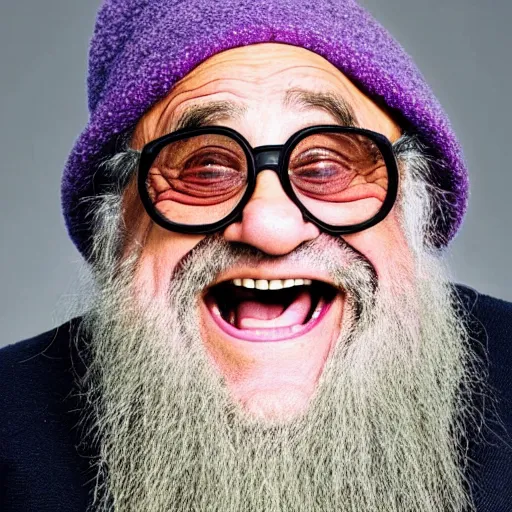 Image similar to danny devito as an old druid wizard, bald, bushy grey eyebrows, long grey hair, disheveled, wise old man, wearing a grey wizard hat, wearing a purple detailed coat, a bushy grey beard, sorcerer, he is a mad old man, laughing and yelling