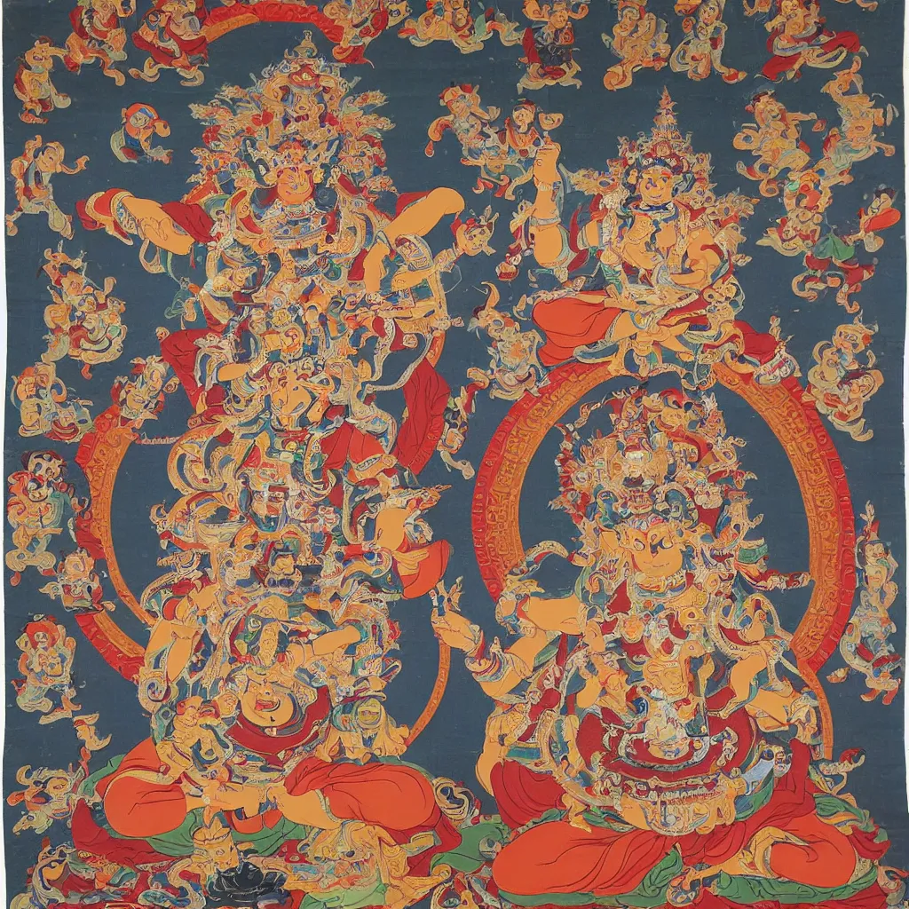 Image similar to mahakala tibetan deity as the mad drunk french philosopher foucault, tibetan thangka
