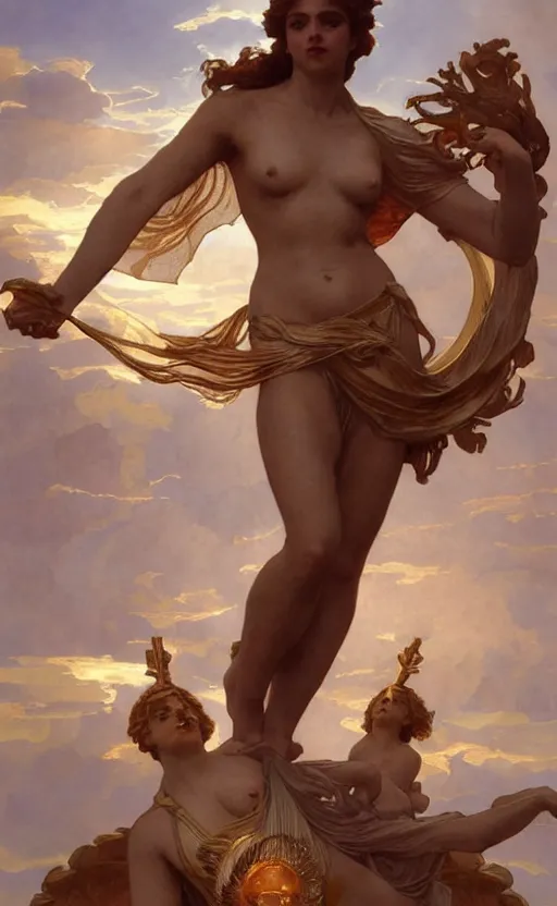 Prompt: four armed statue of the goddess of the sun helios descending from olympus, artstation, concept art, smooth, sharp focus, illustration, art by artgerm and greg rutkowski and alphonse mucha and william adolphe bouguereau and john william waterhouse