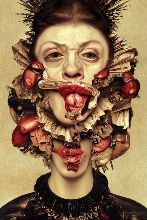 Image similar to Detailed maximalist portrait with large lips and with large eyes, angry, exasperated expression, HD mixed media, 3D collage, highly detailed and intricate illustration in the style of Caravaggio, dark art, baroque