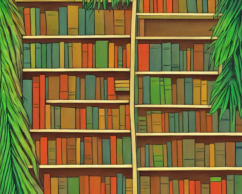 Prompt: one small bookshelf in the rainforest, featuring legal books, by hopper. hyperdetailed, proportional, romantic, enchanting, achingly beautiful, graphic print, trending on artstation, jungle, tropical, foliage
