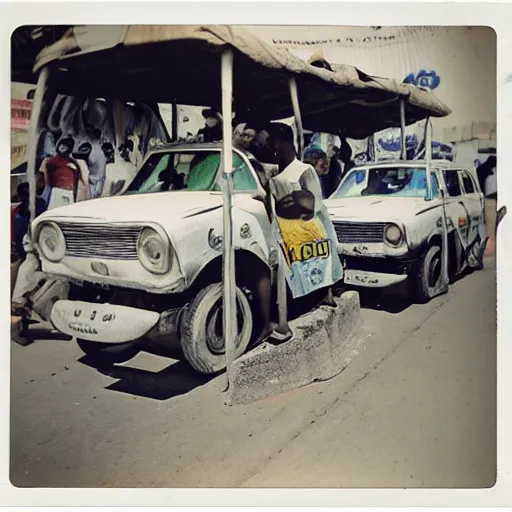 Image similar to old polaroids of futuristic african mobile market places in lagos traffic, side of taxi as fruit stand