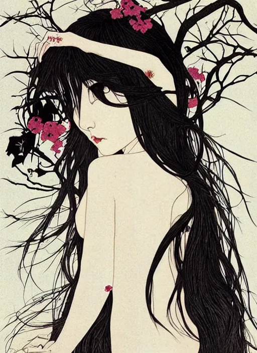 Image similar to pop surrealism, muted colors seductive female, long hair, art by takato yamamoto, trevor brown