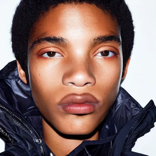 Image similar to realistic photoshooting for a new balenciaga lookbook color film photography close up portrait of a beautiful woman model, model wears a puffer jacket, photo in style of tyler mitchell, ssense