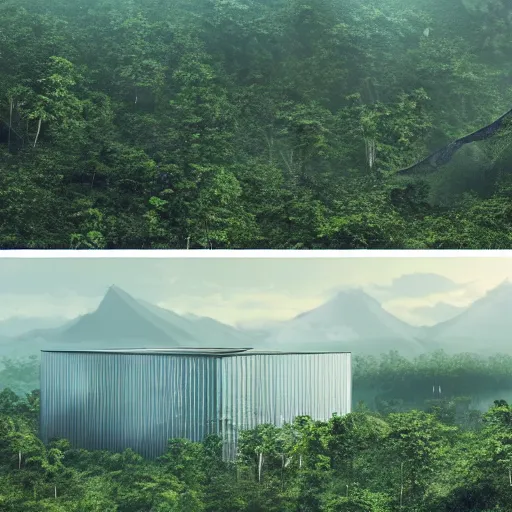 Image similar to extreme wide shot a futuristic containment building in a rainforest valley with a city in the distance, national geographic, hyper realistic, 4 k, harsh light, artstation