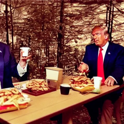Prompt: Donald Trump eating McDonalds at a table in a forest, night vision, trail cam footage, VHS quality