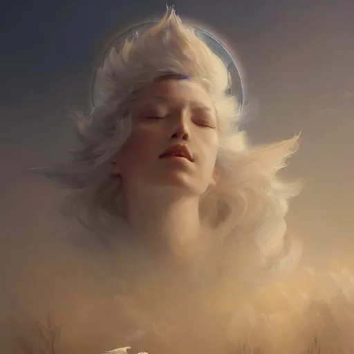 Prompt: a beautiful portrait of a cloud goddess, tiny birds flying in the background and closed eyes by Greg Rutkowski and Raymond Swanland, Trending on Artstation, ultra realistic digital art