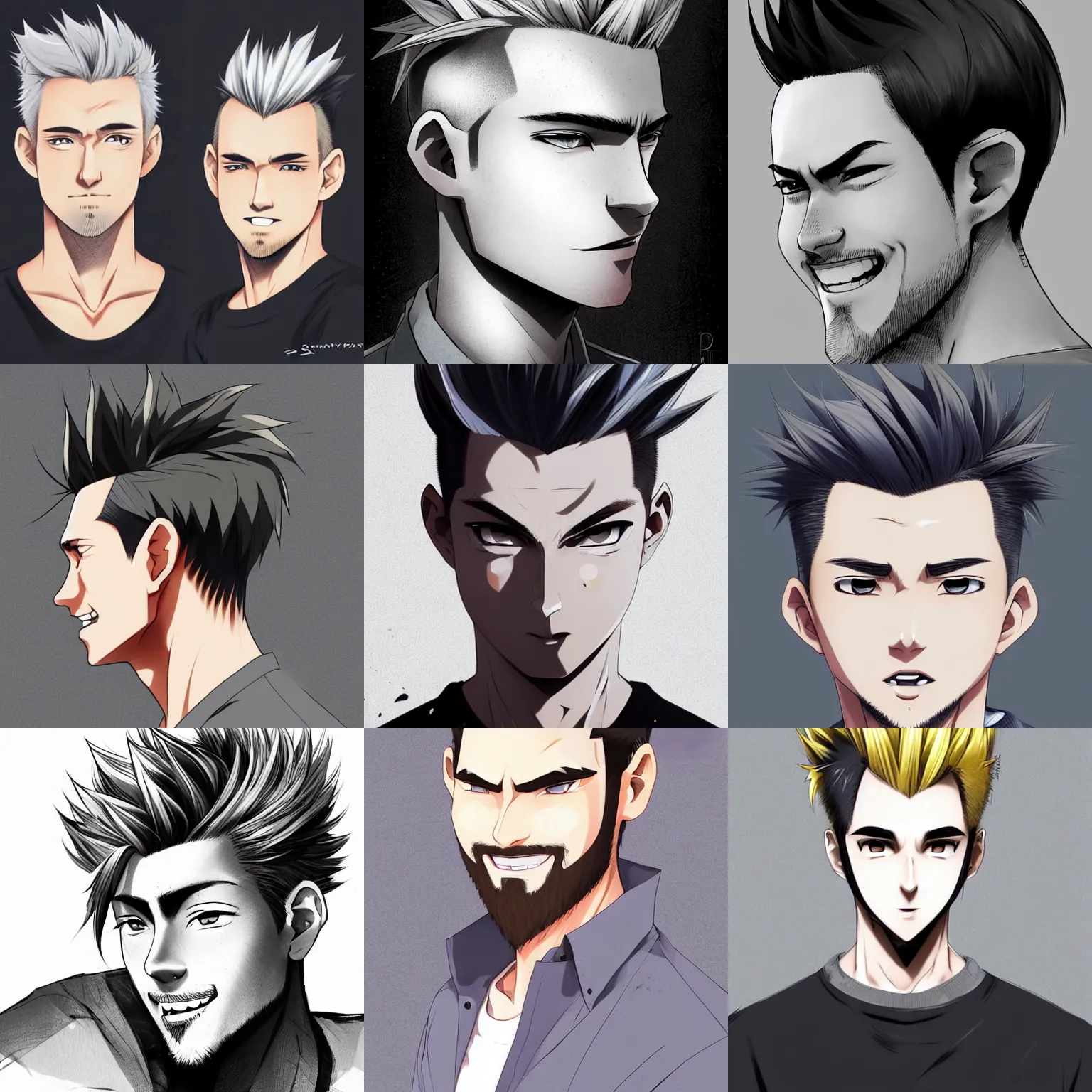 Prompt: A medium shot anime portrait of a smiling anime man with short blonde hair and grey eyes, grey-eyed, a messy faux hawk on top, short facial hair, medium shot portrait, his whole head fits in the frame, solid color background, flat anime style shading, head shot, 2d digital drawing by Stanley Artgerm Lau, WLOP, Rossdraws, James Jean, Andrei Riabovitchev, Marc Simonetti, and Sakimi chan, trending on artstation