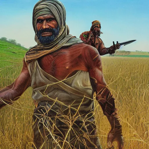 Prompt: portrait of head and body, single bangla farmer fighting, hand to hand combat with machete, full body view, long flowing hair, fighting for his life, nebula aura surrounding subject, horseback combat attacker foreground, islamic revolution, mongolian invasion of iraq, background of invading army, nestor canavarro hyperrealist art style, sharp brushstrokes