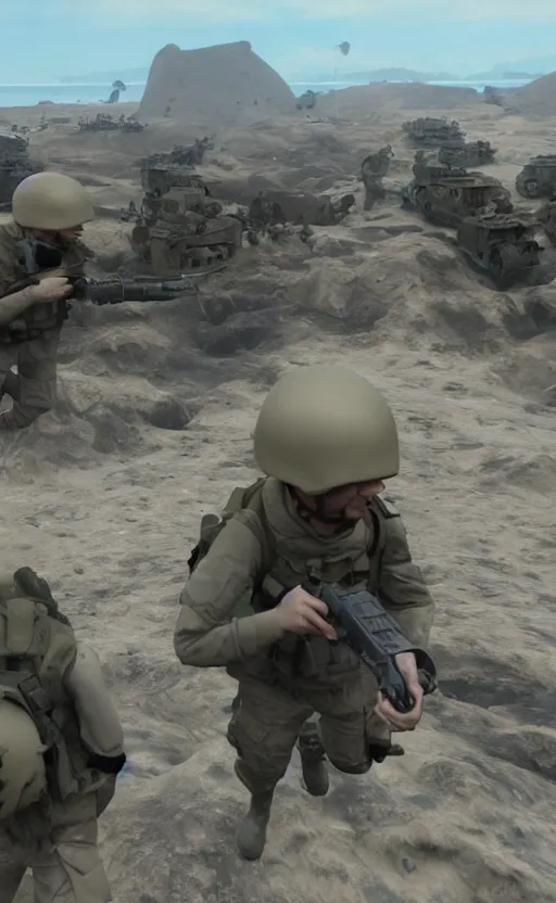 Prompt: gopro footage of d - day, with soldiers and explosions, ultra realistic, unreal engine, cgi rtx style chrome reflexion global illumination ray tracing hdr arstation pixar and disney unreal,