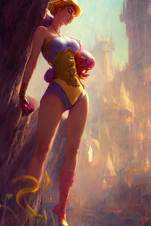 Image similar to aeon flux as princess peach picture by Greg Rutkowski, dynamic pose, matte painting, intricate, fantasy concept art, elegant, by Stanley Artgerm Lau, WLOP, golden ratio, thomas kindkade, alphonse mucha, loish, Peter chung, norman Rockwell,