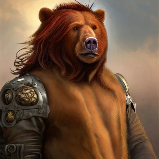 Image similar to portrait of a man - bear - pig, male, handsome, masculine, full body, red hair, long hair, soft hair, fantasy, intricate, elegant, highly detailed, steampunk, airship, digital painting, artstation, concept art, character art, smooth, sharp focus, illustration, art by artgerm and greg rutkowski and alphonse mucha