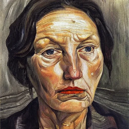 Image similar to Oil painting Portrait of a sad Woman, by Lucian Freud, Abstract brush strokes, Masterpiece