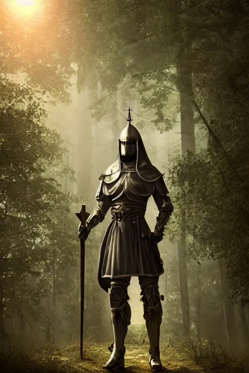 Prompt: a templar knight standing in a forest near a river at sunset, anatomically correct, hyperrealistic, concept art, octane render, unreal engine 5, trending on Artstation, high quality, 8K, highly detailed, symmetrical, five fingers, path tracing, soft lighting