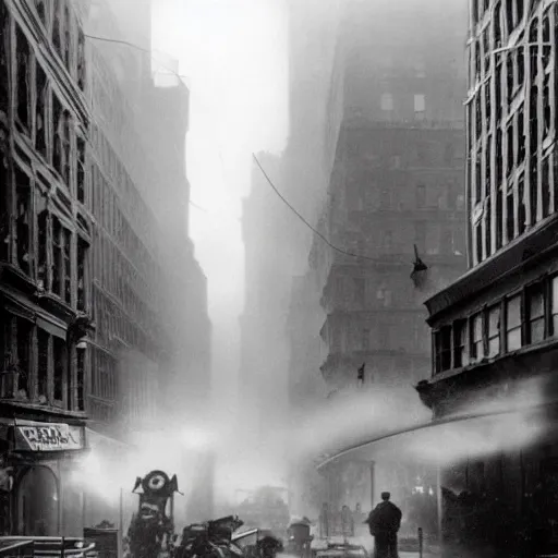 Image similar to old black and white photo, 1 9 1 3, depicting a dieselpunk giant robot mech rampaging through the bustling streets of new york city, historical record, volumetric fog
