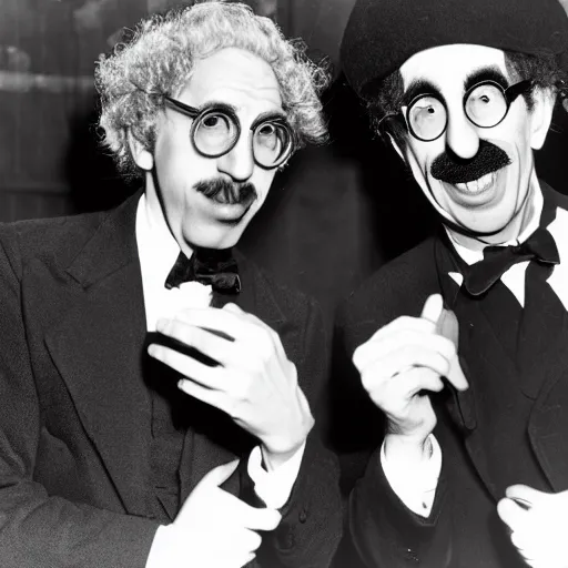 Image similar to harpo marx and groucho marx dines together. harpo marx does not wear a moustache