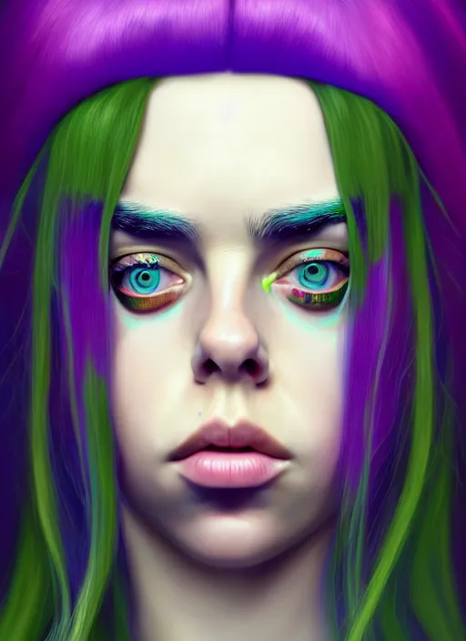 Prompt: Billie Eilish as Female Loki, beautiful facial symmetry, olive skin color, hyper realistic, hyper detail, very detailed, digital art, trending on artstation, smooth render, 8k octane render,