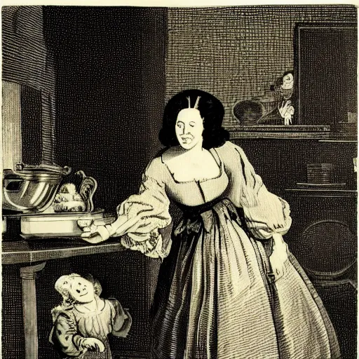 Prompt: Angry Housewife by William Hogarth, crosshatching