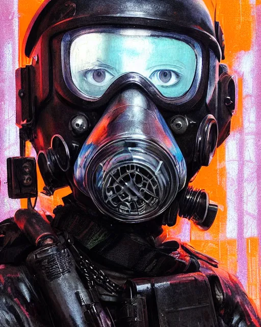 Image similar to detailed portrait neon female swat officer, cyberpunk futuristic, neon, gas mask, reflective puffy coat, decorated with traditional japanese by ismail inceoglu dragan bibin hans thoma greg rutkowski alexandros pyromallis nekro rene margitte, fire & smoke, illustrated, perfect face, fine details, realistic shaded, fine - face, pretty face