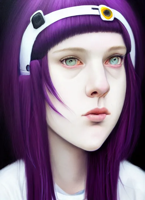 Image similar to portrait of white teenage girl named shrill prisston, normal face, black bangs, mall goth, cyberlox, black hair white bangs, fluffy bangs, red irises, purple hairband, intricate, elegant, highly detailed, digital painting, artstation, concept art, sharp focus, smooth, illustration, art by wlop, mars ravelo and greg rutkowski