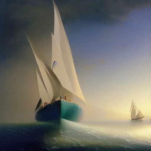 Image similar to minimalist futuristic zaha hadid sailboat painting by ivan aivazovsky