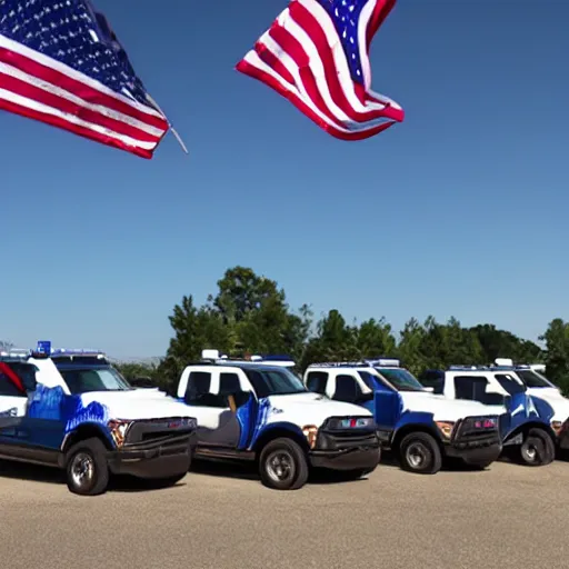 Image similar to photo of big blue biden pickup trucks with american flags on them. guns can be seen blaring out of the windows.