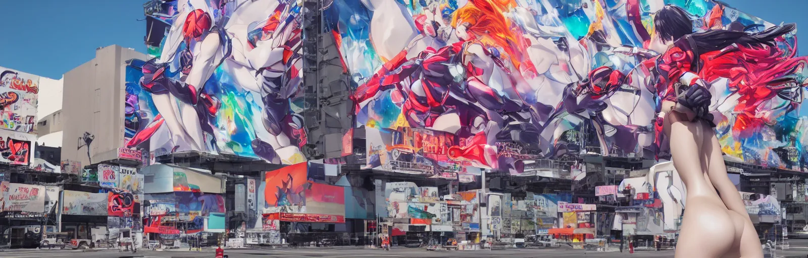 Image similar to billboard advertisement with an extremely beautiful photo of a white marble statue of an anime girl with colorful motocross logos and motorcycle helmet with closed visor, colorful smoke in the background, carved marble statue, fine art, neon genesis evangelion, virgil abloh, offwhite, denoise, highly detailed, 8 k, hyperreal