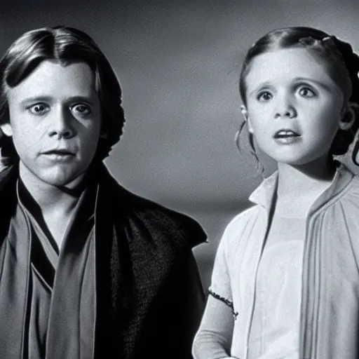 Image similar to film still of carrie fisher and mark hamill as children in new star wars movie, dramatic lighting, highly detailed face, kodak film, wide angle shot,