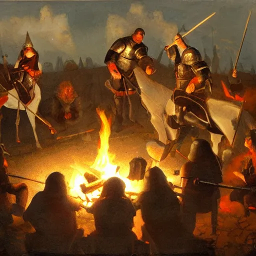 Image similar to a painting of medieval knights toasting marshmallows and making s'mores around the campfire in the style of howard pyle. volumetric lighting. 8 k resolution. best detail. trending on artstation trending on deviantart