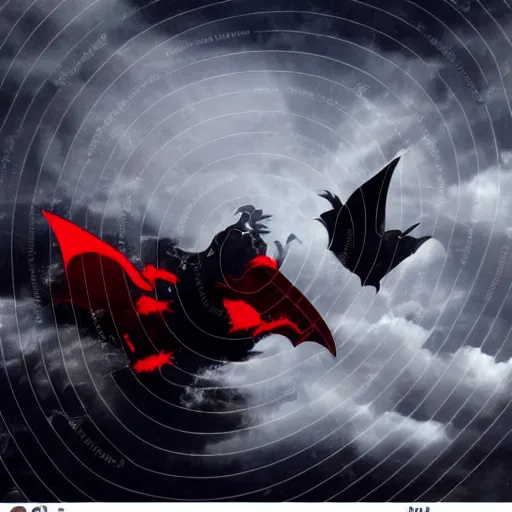 Prompt: epic dragon made of shadows, flying through the skies, black mist and clouds surround, with red lightning coming out