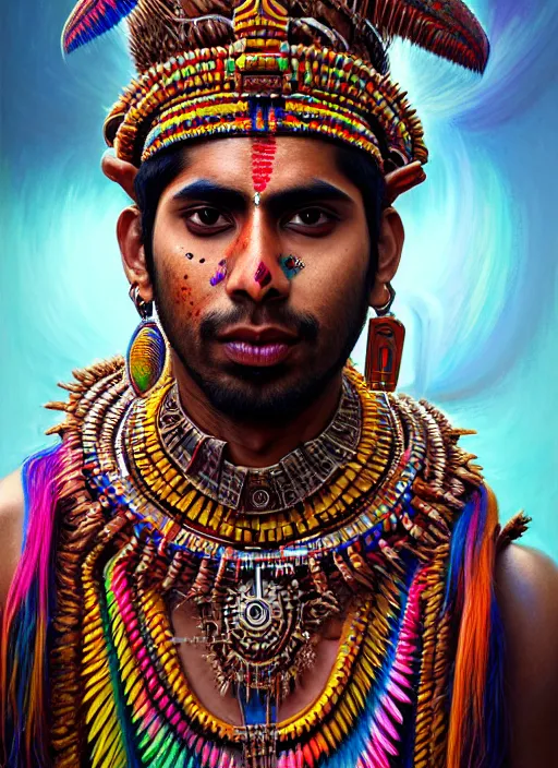 Image similar to portrait of suraj sharma, hyper detailed ultra sharp aztec shaman warrior. trending on artstation, warpaint aesthetic, bloodwave, colorful, psychedelic, ornate, intricate, digital painting, concept art, smooth, sharp focus, illustration, art by artgerm and greg rutkowski and h. r. giger, 8 k