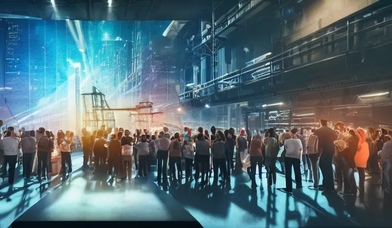 Image similar to crowd of people in simple warehouse, looking at hologram of futuristic city on a table, cinematic concept art, godrays, golden hour, natural sunlight, 4 k, clear details, tabletop model buildings, center model buildings, hologram center, crane shot, crane shot, crane shot