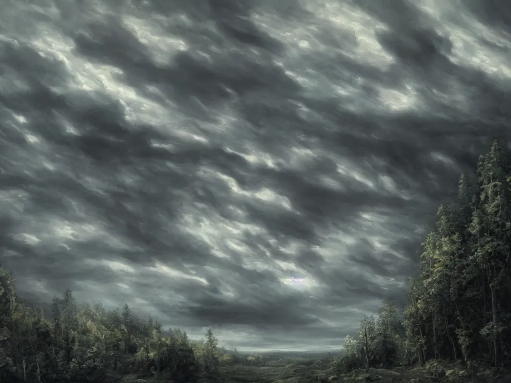 Image similar to detailed landscape, forests. very detailed dark super storm, hyper realistic clouds, impressive, magical, very atmospheric, smoke boiling, cinematic, deep, very high complexity, stunning, masterpiece, chiaroscuro, in the style of david holland and laura den hertog and michael creese, very detailed. 4 k