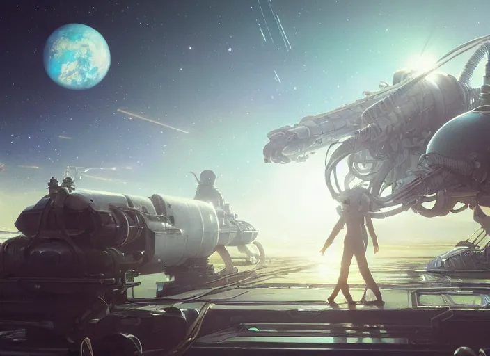 Prompt: alien space cat sleeping on a mechanics workbench in a spaceport with their android owner repairing a ship in the background in a space opera ghibli animated film, volumetric lighting, octane render by stanley artgerm lau, greg rutkowski, thomas kindkade, alphonse mucha, loish, norman rockwel, highly detailed