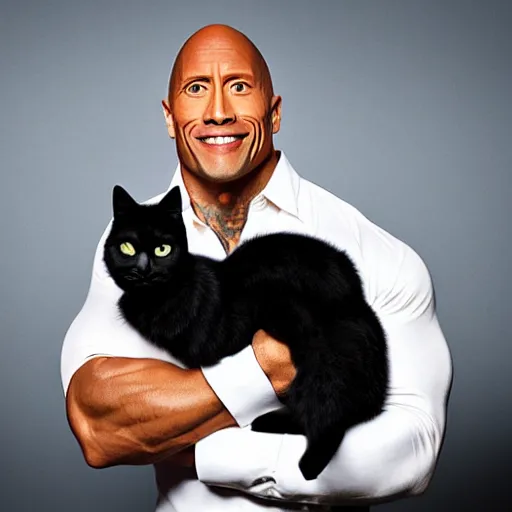 Image similar to dwayne johnson holding a black cat, studio lighting, promotional photograph