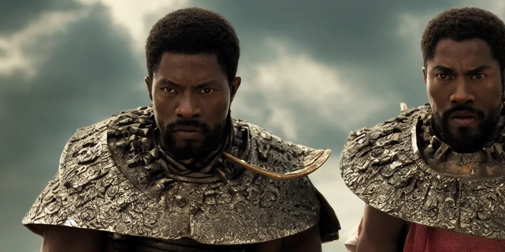 Image similar to a film still of a black man starring in a japanese blockbuster film as san ancient samurai, shallow depth of field, cinematic, award winning cgi, vfx, film still
