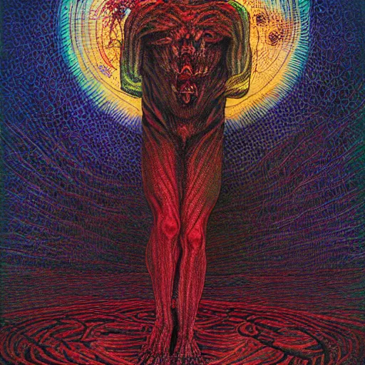 Image similar to lament configuration box floating above skinned bloody man in hell by clive barker, alex grey, lisa frank, beksinski