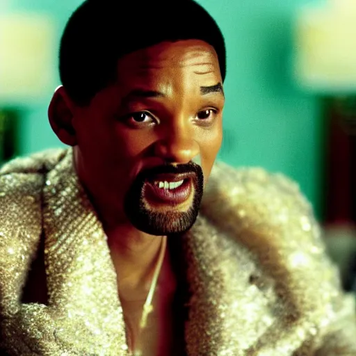 Image similar to a film still of Will Smith dressed as a pimp in a 1970s Blaxploitation film, portrait, 40mm lens, shallow depth of field, close up, split lighting, cinematic