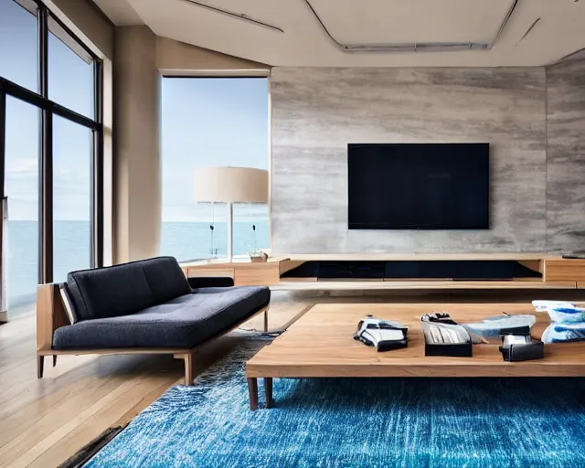 Prompt: A modern living room inspired by the ocean, a luxurious wooden coffee table with large seashells on it, 100 inch television, amazing detail, 8k resolution, blue color, calm, relaxed style, harmony, wide angle shot