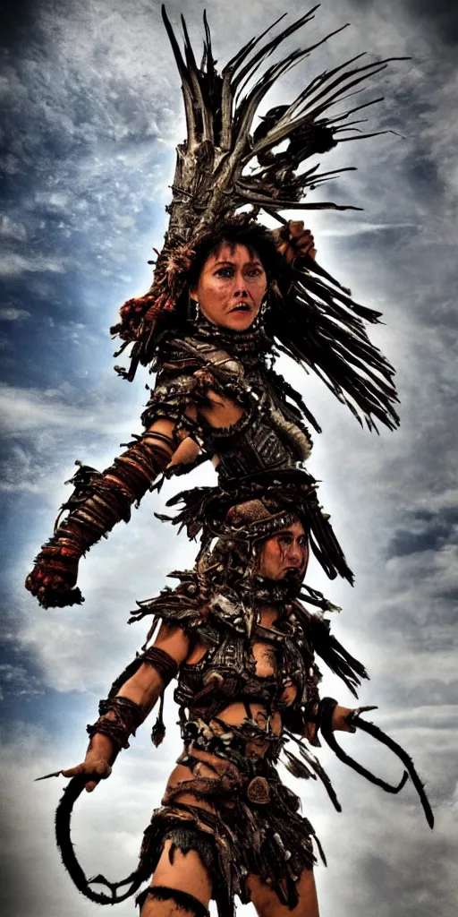 Image similar to fighting in air shaman tribeswoman, destroyed armor parts fly away, inspired by monster hunter, low shot, muscular body, symmetrical face, clean face, subtle make up, destruction around her, frozen time,dramatic lighting, cinematic, establishing shot, extremely high detail, photorealistic, 300 the movie,monster hunter the movie, dune the movie, cinematic lighting, artstation, octane render, western,old photo, vintage