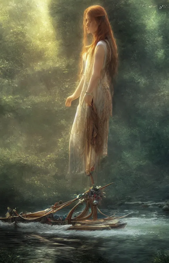 Prompt: beautiful lady of shalott laying in a river, sadness, longing, sharp focus, intricate, elegant, digital painting, artstation, matte, highly detailed, concept art, illustration, volumetric lighting, bokeh light, art by greg olsen and liz lemon swindle