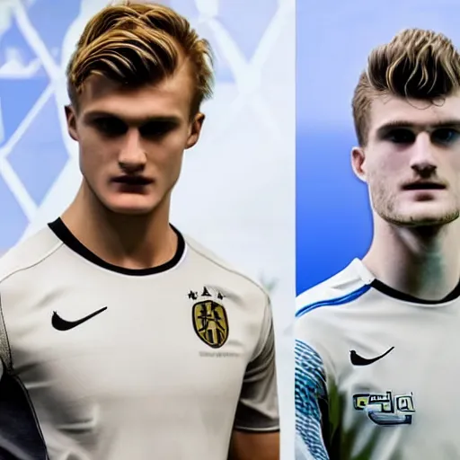 Prompt: a realistic detailed photo of a guy who is an attractive humanoid who is half robot and half humanoid, who is a male android, soccer players martin ødegaard & timo werner, shiny skin, posing like a statue, blank stare, in a lab, on display, showing off his muscles, gold soccer shorts, side view, repairing the other one