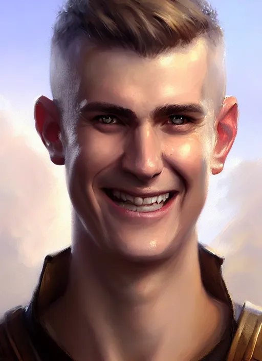 Image similar to a _ fantasy _ style _ portrait _ painting _ of white male short fringe light brown hair short face grinning clean shaven short head, rpg dnd oil _ painting _ unreal _ 5 _ daz. _ rpg _ portrait _ extremely _ detailed _ artgerm _ greg _ rutkowski _ greg