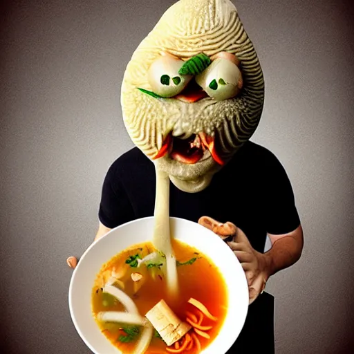 Image similar to Extremely hot, steaming bowl of noodle soup with a screaming human face. Anthropomorphic. Extremely detailed. Award winning. Intense. Demonic.