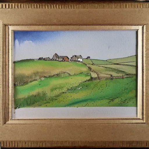 Prompt: A farmhouse on a windswept moor in Yorkshire, watercolour, beautiful