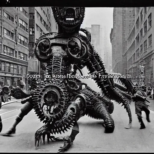 Prompt: old black and white photo, 1 9 1 3, depicting a giant biomechanical alien monster kaiju robot fighting the army through the bustling streets of new york city, historical record