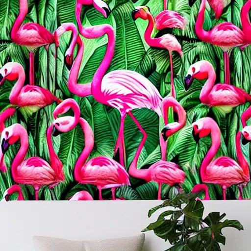 Image similar to hyper realistic portrait of pink flamingo in front banana plants and a flamingo print wall, 8 5 mm lens by annie leibovitz