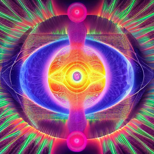 Image similar to humankind transcendence into collaborative intelligence, group intelligence, ai, by alex grey, album cover, award winning, beautiful, colorful, volumetric lighting, trending on artstation